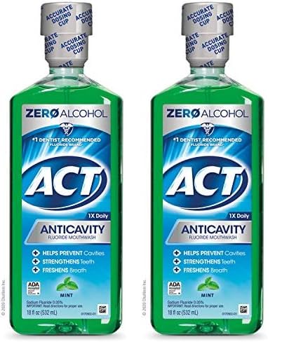 ACT Anticavity Zero Alcohol Fluoride Mouthwash 18 fl. oz., with Accurate Dosing Cup, Mint (Pack of 2)