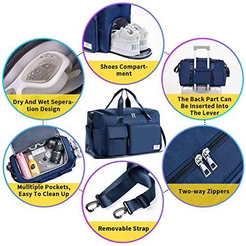 FIORETTO Women's Water-Resistant Gym Duffle Bag with Shoes Compartment, 37L Capacity, Multi-Functional, Ideal for Travel, Gym, Sports, Weekender, Navy Blue