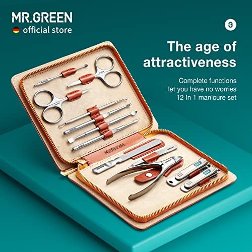 MR.GREEN Manicure Set 12 in 1 Full Function Nail Clippers Personal Care Tool Kits Stainless Steel Pedicure Sets with Leather Case Idea Gift (12Pcs Set) Brown