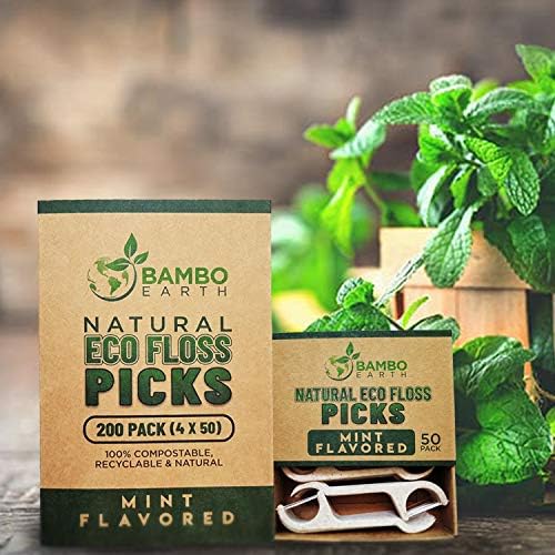 Natural Dental Floss Picks - Eco Friendly Cruelty Free & Vegan Tooth Flossers Pick Set with BPA Free Handle & Zero Waste Packaging - 200 Pack (Mint Flavored)