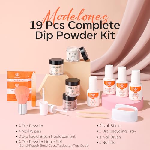 Modelones Dip Powder Nail Kit, 4 Colors Nude Pink Glitter Dipping Starter Set with Liquid and Complete Accessories for French Nails Art Salon DIY at Home Manicure