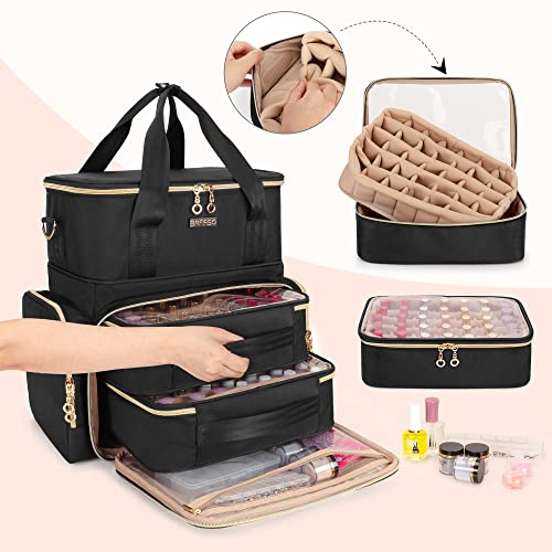 BAFASO Double Layer Nail Polish Organizer Holds 70 Bottles (15ml - 0.5 fl.oz) and a Nail Dryer, Nail Polish Case with 2 Removable Pouches and Tools Storage Sections (Patented), Black