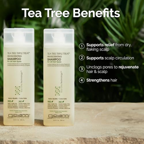 GIOVANNI Tea Tree Triple Treat Invigorating Shampoo - Cooling Peppermint, Eucalyptus & Rosemary, Helps Strengthen & Rejuvenate Hair & Scalp, Salon Quality, Paraben Free - 8.5 oz (1 Pack)