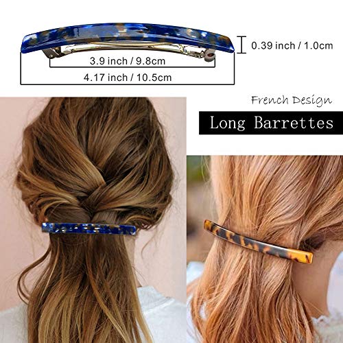 Long French Barrettes for Women Simple Classic Acrylic Resin Hair Clips Tortoise Shell Skinny Large 4 inch No-slip Grip Automatic Clasp Clamp For Thick Hair, 3 Pack