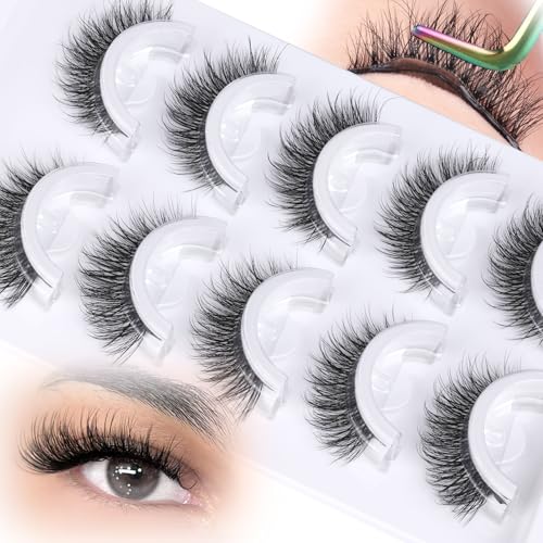 Zegaine Natural Self Adhesive Eyelashes Cat Eye Lashes Pre Glued Lashes Reusable Wispy Self Adhesive Lashes Natural Look D Curl Glueless Lashes Fluffy Strip Lashes Cat Eye False Eyelashes 5 Pairs