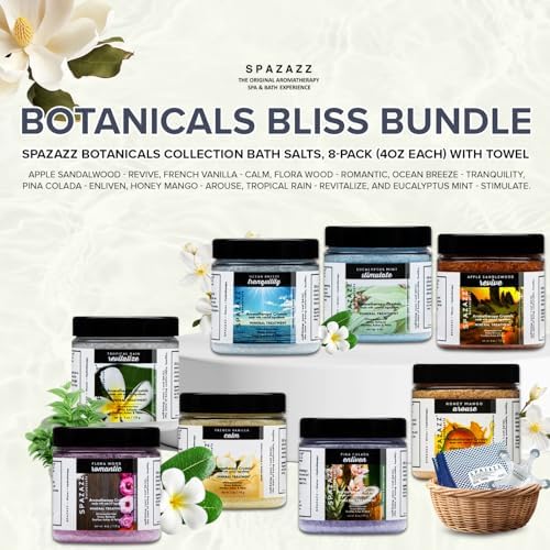 Hot Tub Aromatherapy Bath Salt 8-Pack Botanicals Bundle (4oz) - Apple Sandalwood, French Vanilla, Flora Wood, Ocean Breeze Pina Colada, Honey Mango,Tropical Rain, Eucalyptus, with Hot Cold Towel