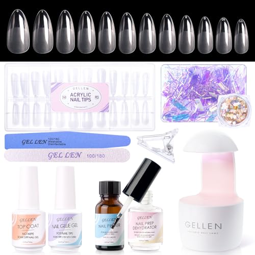 Gellen Gel Tips Nail Extension Kit, Gel Nail Kit with 240Pcs Almond Tips, 3 in 1 UV Glue for Nail Tips, Prep Dehydrator and Primer, U V LED Cure Lamp, Decorations for DIY Manicure Set
