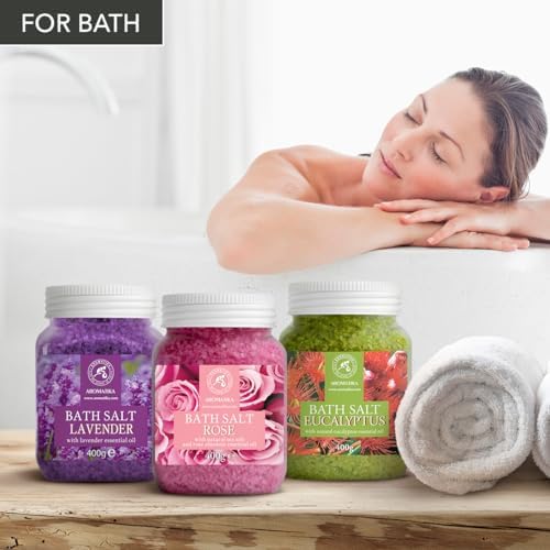 Bath Salts Set 42 Oz - Lavender - Rose - Eucalyptus - 100% Bath Salts - Lavanda Rosa Eucalitpus Salt - Best for Good Sleep - Stress Relief - Bathing - Body Care - Beauty - Relaxation - Spa