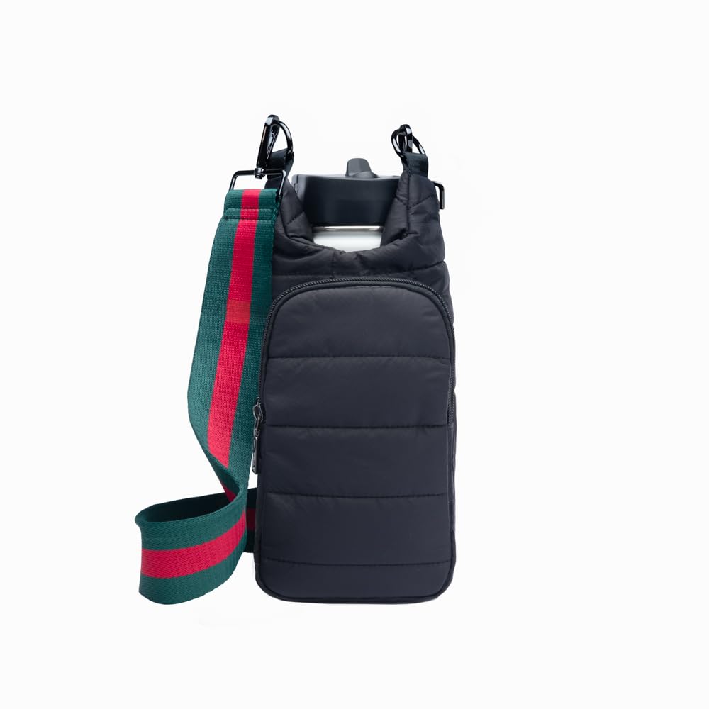WanderFull Original Crossbody HydroBag | Quilted Water Bottle Carrier | Puffer Tote Tumbler Holder w/Pockets for Phone & Accessories | Carry Travel Essentials (Matte Black/Red&Green Striped Strap)