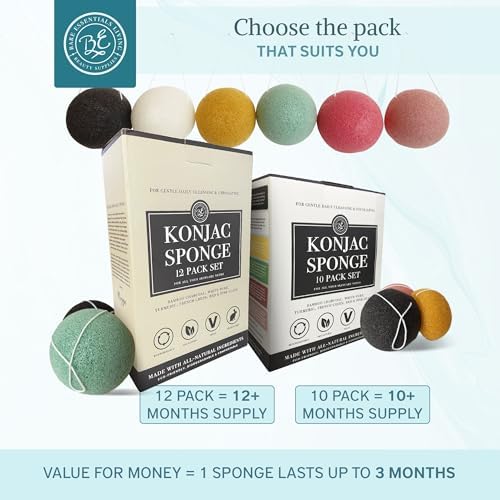 Bare Essentials Living - Konjac Sponges Set (10 Pack) with Activated Bamboo Charcoal Facial Sponge, Natural, Great for Facials, Bath, and Exfoliating Body Sponge