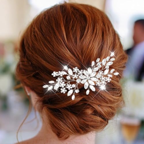 Catery Crystal Bridal Hair Combs Rhinestones Hairpieces Flower Wedding Clips Accessories for Brides and Women Pack of 1(Silver)
