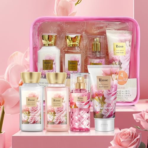 Bath and Body Gift Set for Women & Girls, Rose 3PCS Set for - Shower Gel, Body Lotion, Body Mist, Personal Portable Body Care Travel Set, Home Spa Set for Birthday Mother's Day Gifts for Her