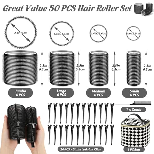 50Pcs Rollers Hair Curlers Self Grip Hair Rollers Set with 24Pcs Hair Rollers in 4 Sizes, 24 Pcs Clips and Cosmetic Bag for Blowout Look Long Medium Thick Hair Volume