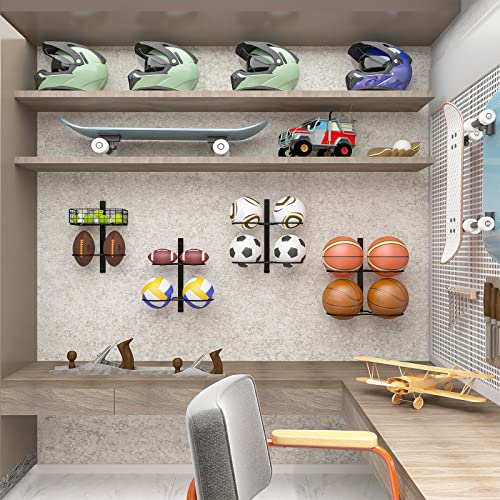 8 Tier Detachable Wall Mounted Basketball Rack, Vertical/Horizontal Football Holder, DIY1/2/3/4 Soccer Stand, Height-Adjustable Multifunctional Ball Rack With Basket For Garage, Tool Room,Bedroom