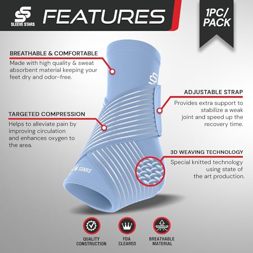 Sleeve Stars Ankle Support for Ligament Damage & Sprained Ankle, Plantar Fasciitis Support & Achilles Tendonitis Pain Relief, Ankle Brace for Women & Men w/Compression Ankle Strap (Single/Light Blue)