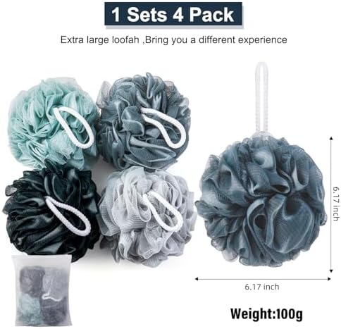 Loofah Sponge XXL-100g 4 Pack, Bath Sponge Soft Mesh Shower Puff Loofah for Men, Exfoliating Body Scrubber for Women, Shower Accessories (Blue Gray)