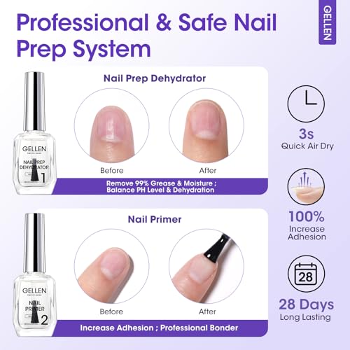 Gellen Nail Dehydrator and Primer with Base Coat Top Coat, Acid-Free Hema-free Nail Prep Dehydrator Primer 18ml UV Superior Glossy Top Coat for Acrylic Gel Nail Polish Nail Art Supplies Gift for Women