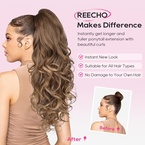 REECHO Ponytail Extension, 24" Claw Clip in Ponytail Extensions Long Curly Wavy Ponytail Hair Extension Jaw Clip on Pony Tails Hairpiece for Women - Medium Blonde with Blonde Highlights