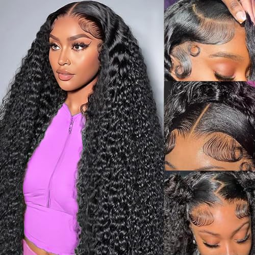 30 Inch Deep Wave Lace Front Wigs Human Hair 200 Density 13x6 HD Lace Frontal Wigs Human Hair Pre Plucked Deep Curly Glueless Wigs Human Hair with Baby Hair Curly Wigs for Women Natural Color
