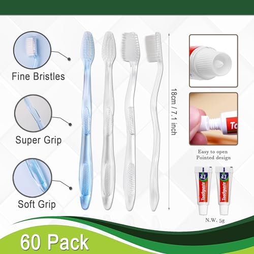 Disposable Toothbrushes with Toothpaste Individually Wrapped, 60Pack Manual Disposable Travel Toothbrushes Bulk, Adult Kid Travel Toiletries, 3 Colors