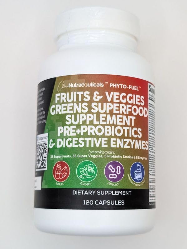 Clean Nutraceuticals Fruits and Veggies Supplement Reds & Green Superfood - Balance of Over 70 Fruit & Vegetable Supplements Capsules with Probiotics Prebiotics Digestive Enzymes - 5Pack