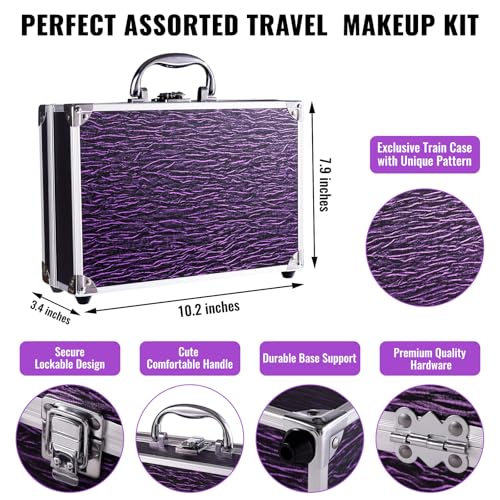 Makeup Kit for Teen Girls & Women Full Kit, Beauty Train Case with Starter Cosmetic Set, Make Up Christmas Gift Box with Eyeshadow,Lipgloss,Highlighter,Blush,Lip&Eye Pencils,Brush & More(Purple)