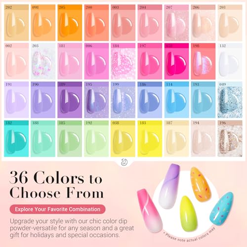AZUREBEAUTY 170Pcs Dip Powder Nail Kit Starter, 36 Colors Pastel Pink Purple Blue Yellow Dip Powder Liquid Set Spring Summer with Top/Base coat Activator for French Nails Art Gifts