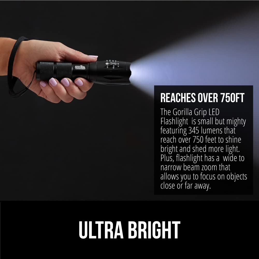 Gorilla Grip Powerful LED 750 FT Water Resistant 5 Adjustable Mode Tactical Flashlight, High Lumens Ultra Bright Battery Life Zoom Flashlights, Small Camping Car Mini Flash Light Accessories, Black