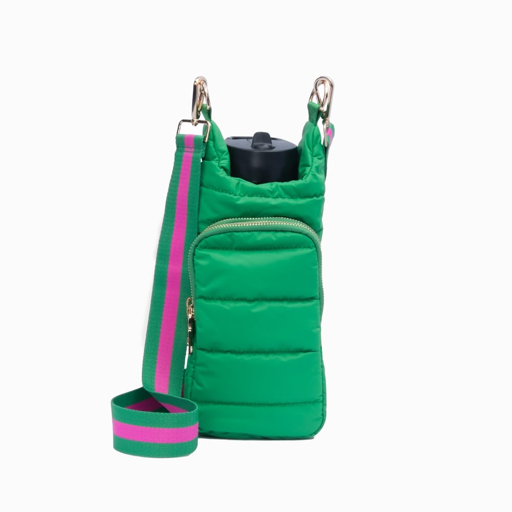 WanderFull Original Crossbody HydroBag | Quilted Water Bottle Carrier | Puffer Tote Tumbler Holder w/Pockets for Purse, Phone & Accessories | Carry Travel Essentials (Kelly Green Matte/Striped Strap)