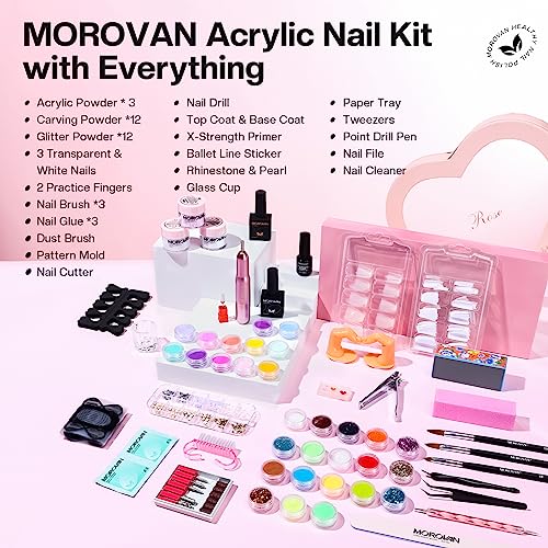 Morovan Acrylic Nail Kit for Beginners: Professional Nail Kit Set with Acrylic Powder Glitter Full Nail Starter Kit for Nail Extensions