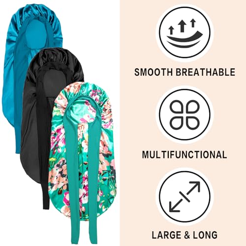 3Pcs Bonnets for Black Women Braid Bonnet, Large Long Satin Bonnet for Braids Sleeping, Black Women Satin Silk Bonnet (3Pcs-Black&Blue&Flower)