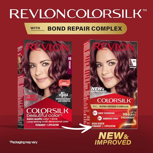 Revlon ColorSilk with Bond Repair Complex, Burgundy Permanent Hair Color, 100% Gray Coverage, Ammonia Free Hair Dye, Vegan Keratin, 48 Burgundy (Pack of 3)