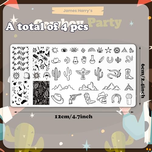 4Pcs Western Nail Plates Stamping Set Cowboy Cowgirl Stamp Templates Nail Art Plates for DIY Print Manicure Salon Design