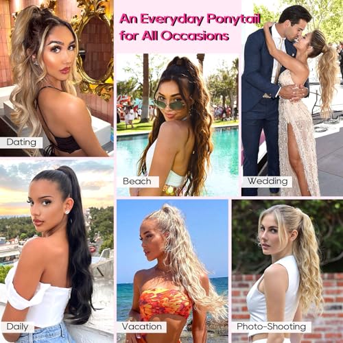 REECHO Ponytail Extension, 24" Claw Clip in Ponytail Extensions Long Curly Wavy Ponytail Hair Extension Jaw Clip on Pony Tails Hairpiece for Women - Medium Blonde with Blonde Highlights