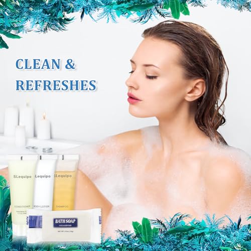 4-IN-1 Hotel Toiletries Bulk Set (100PCS) 4-Piece Set: 25 Hotel Bar Soap 0.5oz, 25 Hotel Shampoo, 25 Conditioner Travel Size, 25 Hotel Body Lotion - Bulk Mini Guest Amenities