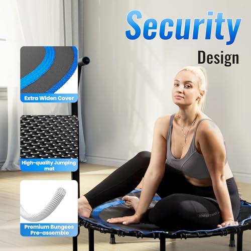 Vimexciter 40" Foldable Mini Fitness Trampoline with Adjustable Foam Handle, Exercise Rebounder for Adults Kids Indoor/Garden Exercise, Max Load 400 lbs, Blue