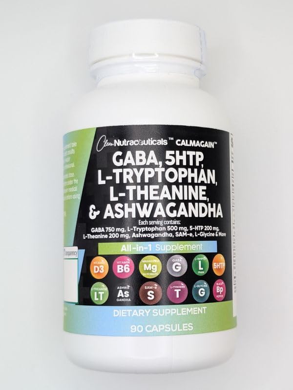 Clean Nutraceuticals GABA 750mg 5 HTP 200mg L Tryptophan 500mg L Theanine 200mg Ashwagandha SAM-e L-Glycine - Mood Support Vitamins for Women and Men with L-Tyrosine 5-HTP (5-Hydroxytryptophan)