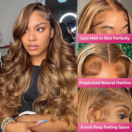 30 Inch 13x6 Lace Front Wigs Human Hair Honey Blonde Body Wave HD Lace Front Wigs 200 Density Ombre Highlight Human Hair Wig Pre Plucked with Baby Hair P4/27 Colored Lace Front Wigs for Women