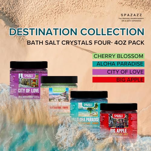 Spazazz Hot Tub Aromatherapy Destination Collection Bath Salt Crystals Four- 4oz Pack - Aloha Paradise, Big Apple, City of Love, Cherry Blossom - Bath Salts Perfect for Hot Tubs, Baths, and Foot Soaks