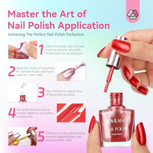 SAVILAND Metallic Nail Polish Set: 12 Colors Mirror Chrome Glitter Nail Polish 0.34oz Holographic Red Silver Pink Nail Polish Quick-Dry Base Top Polish Coat for Fingernail Toenail French Manicure Art