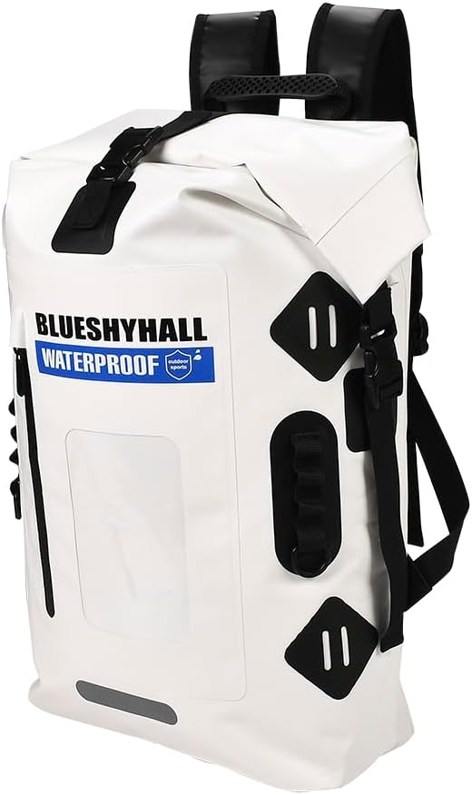 Blueshyhall 35L Waterproof Dry Backpack, Outdoor Travel Roll Top Closure Water Repellent Duffle Storage Sack for Kayaking Rafting Boating Fishing Camping and Beach - White