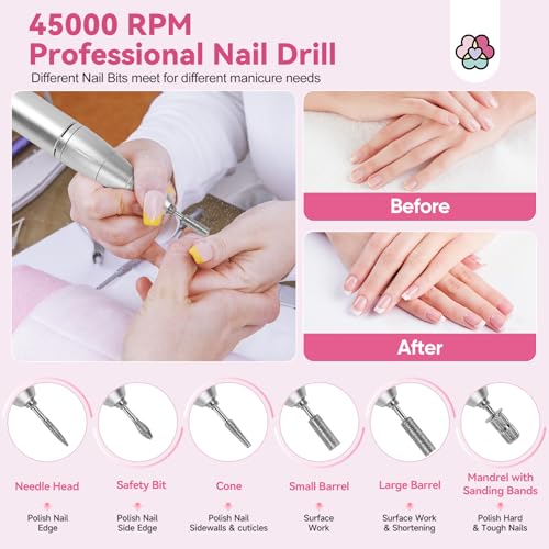 SAVILAND Electric Nail Drill Professional : 45000 RPM Pro Electric Nail File for Acrylic Nails Gel Polishing Removing, Portable Nail Drill for Manicure Pedicure, Nail Kit for Salon Nail Tech Must Have
