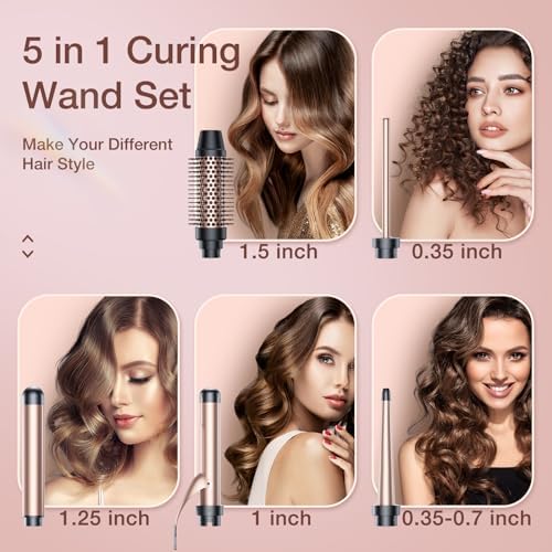 5 in 1 Curling Iron Set-Instant Heat Hair Curling Wand Set with Curling Brush,4 Interchangeable Ceramic Wands (0.35-1.25”) and Heat Protective Glove & 2 Clips for Girls and Women