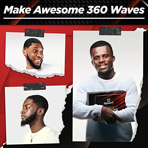 8-in-1 360 Wave Kit for Men - Grooming Kit for 360 Waves - 3 Wave Brushes, Soft, Medium & Hard - 2 Satin Durag, Hand Mirror, Comb, Hair Brush Cleaner - Gift Set, Black
