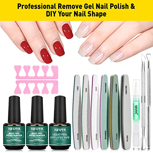Gel Nail Polish Remover Kit, 2 Pack Gel Polish Remover with Liquid Latex, Nail Buffer and File, Cuticle Tool, Magic Gel Remover, 2-5Mins Remove Gel Polish, No Soaking Wrapping, Gifts for Women
