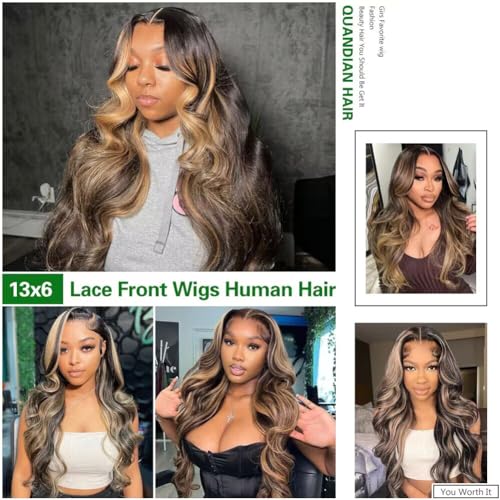 28 Inch 13x6 Balayage Highlight Lace Front Wig Human Hair 13x6 HD Lace Front Wigs Human Hair Body Wave Wig 180% Density FB/27 Colored Frontal Wigs Glueless for Women Ombre