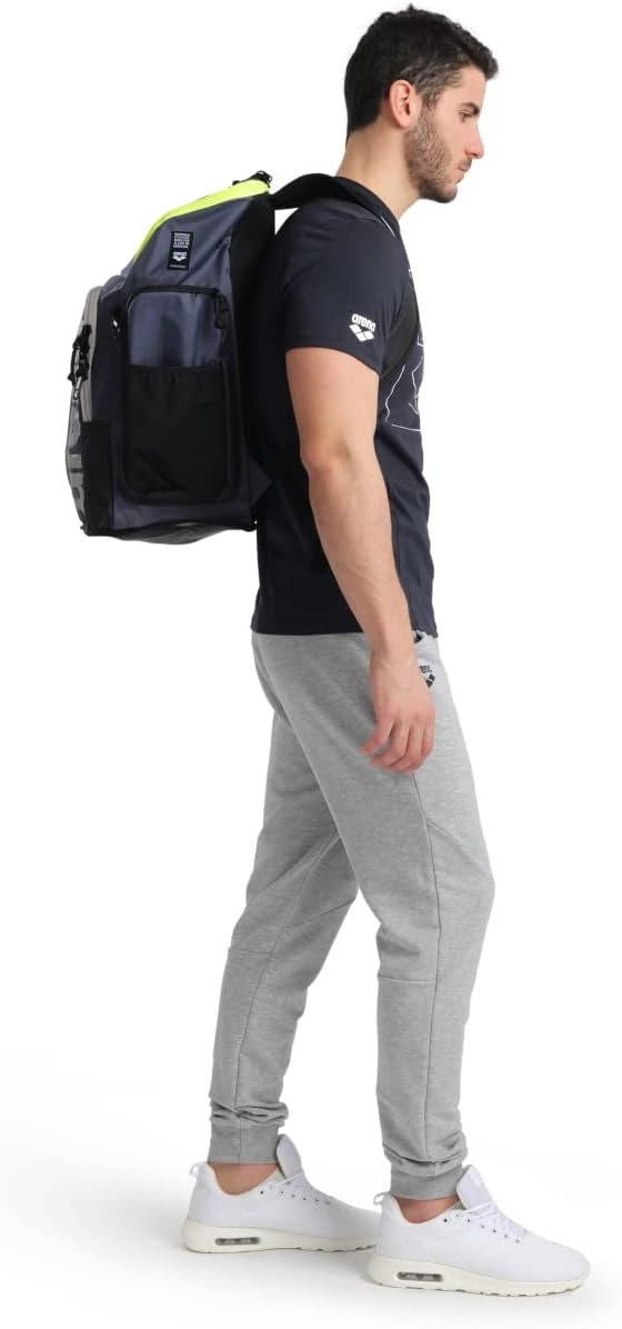 Arena Spiky III Backpack 45 Swimming Athlete Sports Gym Rucksack Large Training Gear Equipment Swim Bag for Men and Women, 45 Liters, Navy/Neon Yellow