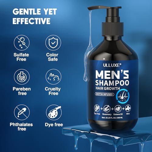 Biotin Hair Growth Shampoo for Men: Natural Mens Thickening Shampoo for Hair Loss and Thinning Hair, Infused Rosemary Oil Tea Tree Oil and Mint, Sulfate Free and Color Safe, 10.15 fl.oz