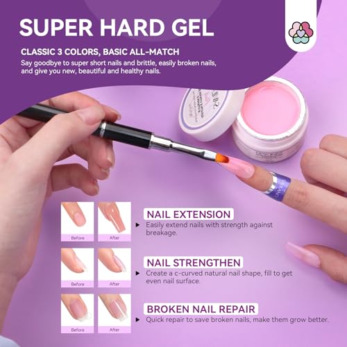 SAVILAND Builder Nail Gel Set with Nail Drill - 3 Pcs Hard Gels(VE&VB5&Kerain) Clear Pink Nudes Builder Nails Gel with Lamp Brush Nails Strengthener Gels for Extension Shaping DIY at Home Salon