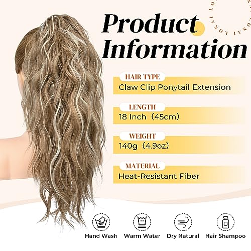 LONAI Ponytail Extension, 18" Wavy Claw Clip Ponytail Extensions Shoulder Length Curly Wavy Claw Clip in Pony tail Hair Extensions Pony tails Hairpieces-Dark Blonde with Blonde Highlights